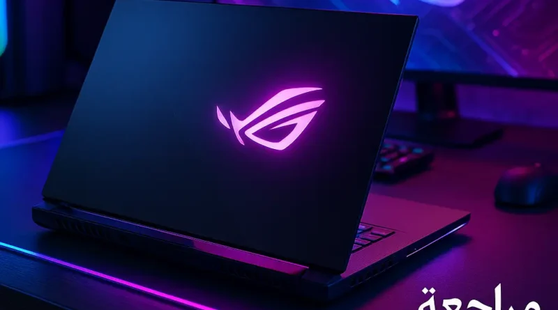 لابتوب Asus ROG Strix 2025 بإضاءة RGB على مكتب ألعاب حديث.
