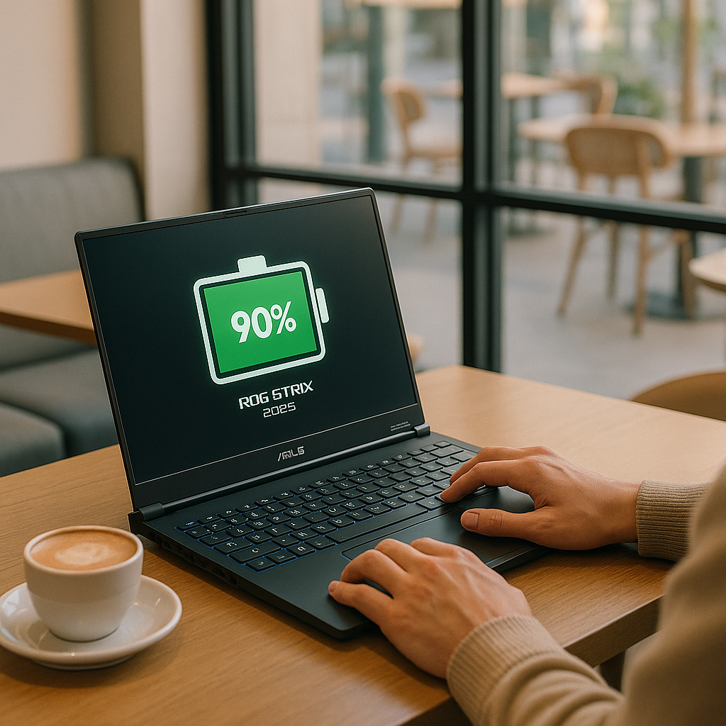 شخص يستخدم Asus ROG Strix 2025 في مقهى أثناء العمل دون شحن.