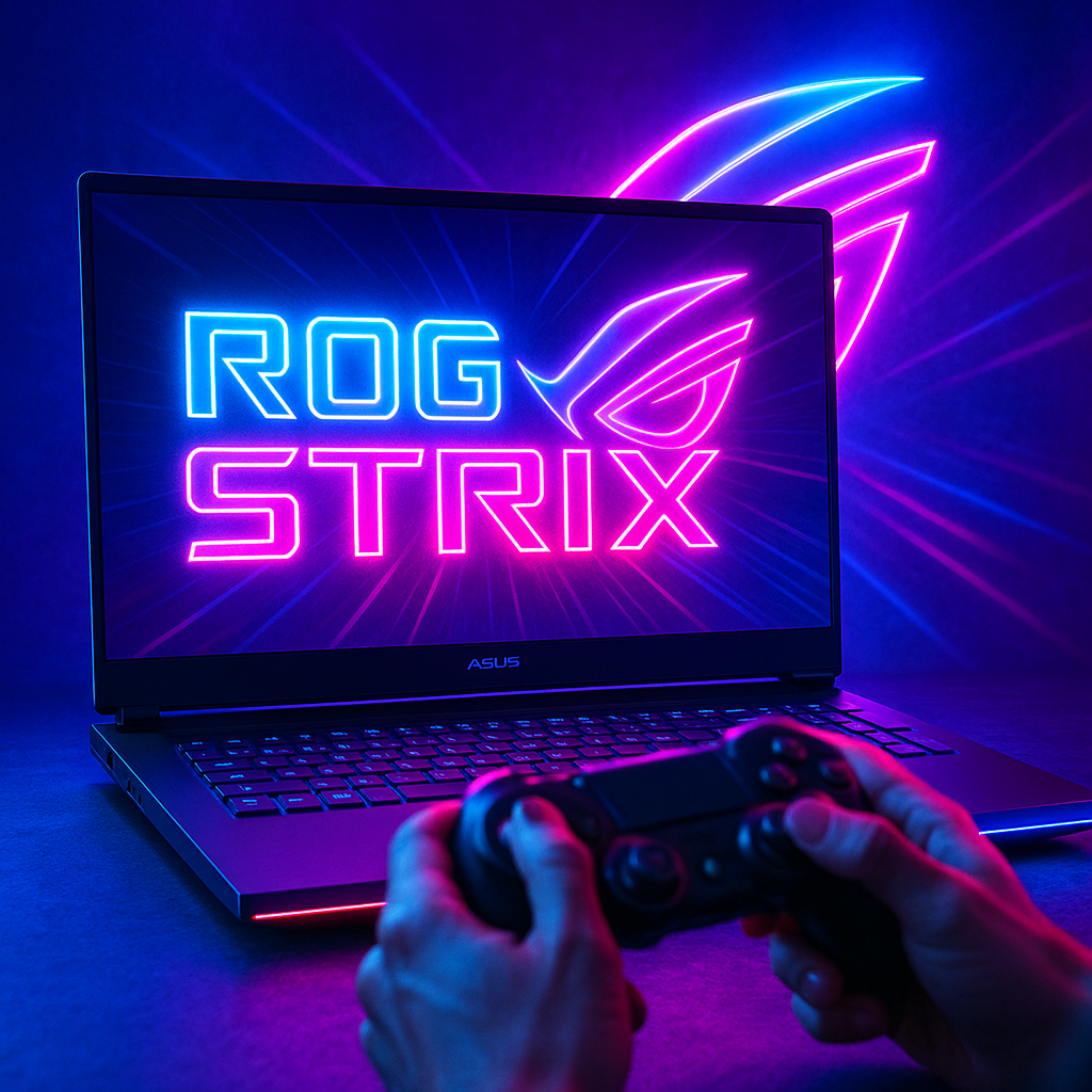 لابتوب Asus ROG Strix 2025 في وضع الألعاب مع شعار ROG مضيء.