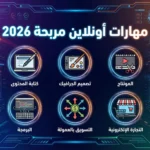 صورة توضيحية لأفضل مهارات أونلاين مربحة في 2026، تشمل الكتابة، التصميم، المونتاج، البرمجة، التسويق بالعمولة، والتجارة الإلكترونية.