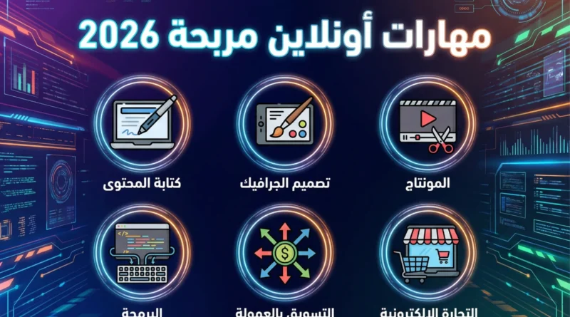 صورة توضيحية لأفضل مهارات أونلاين مربحة في 2026، تشمل الكتابة، التصميم، المونتاج، البرمجة، التسويق بالعمولة، والتجارة الإلكترونية.