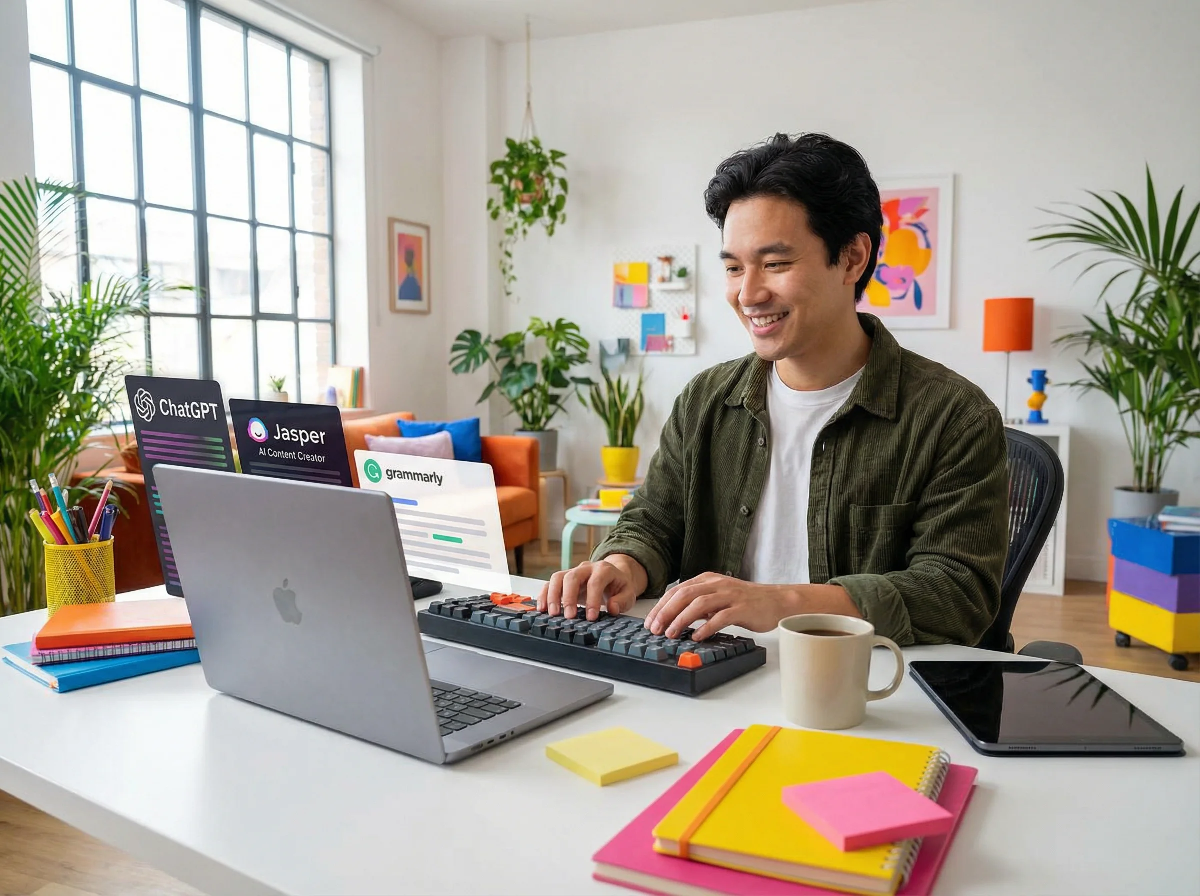 شخص يستخدم أدوات الذكاء الاصطناعي لإنشاء محتوى رقمي على الكمبيوتر المحمول، توضيح لمهارة كتابة المحتوى بـ AI