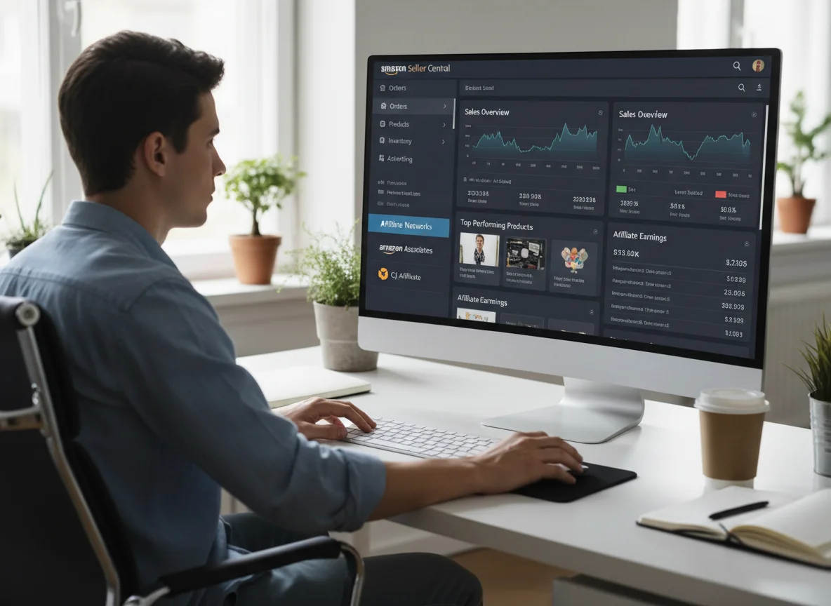 شخص يدير التسويق بالعمولة عبر الإنترنت ويتابع المبيعات والإحصائيات، توضيح لمهارة التسويق الرقمي.