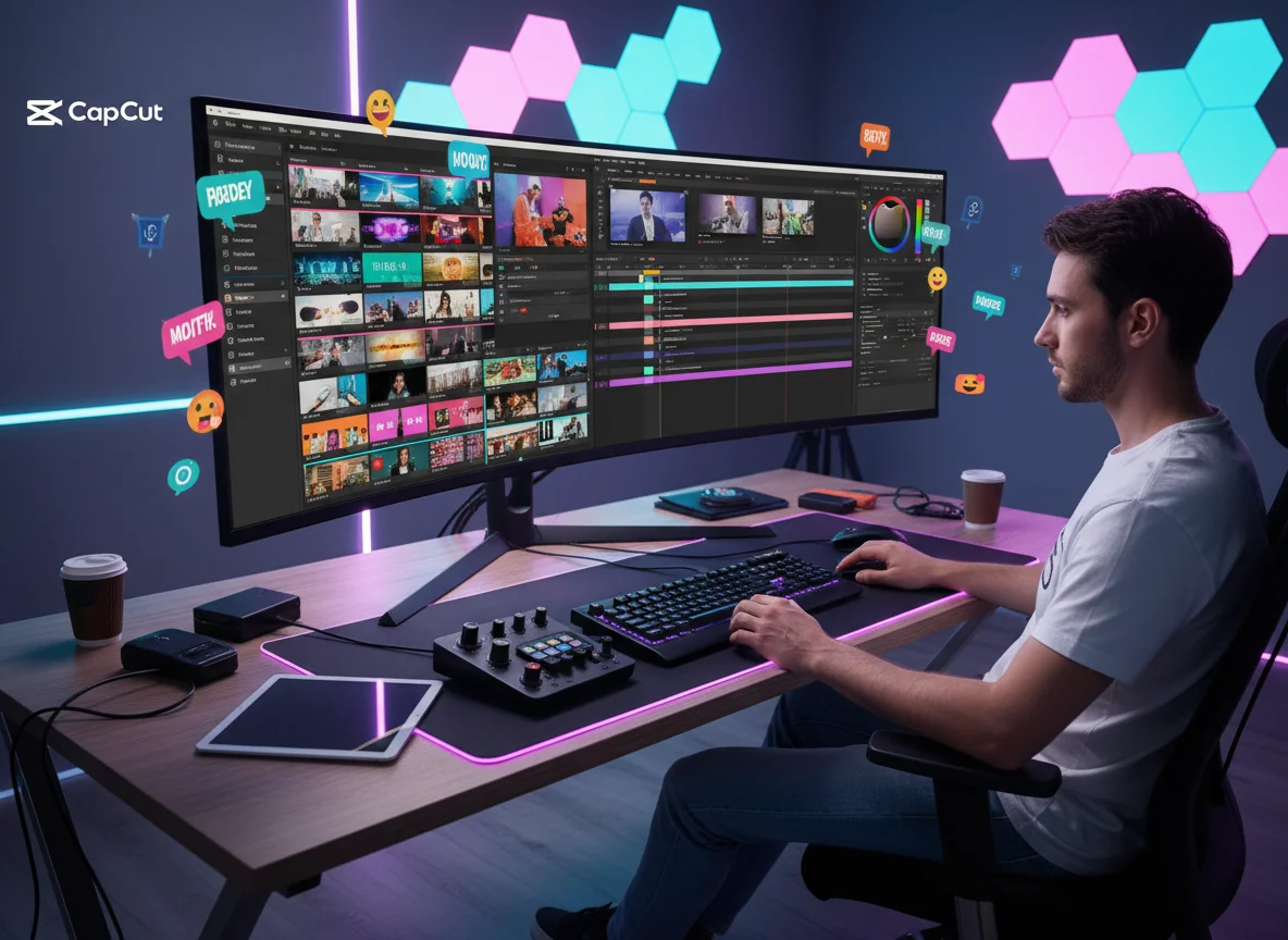 شخص يحرر فيديو قصير باستخدام برامج مونتاج مثل CapCut و DaVinci Resolve، توضيح لمهارة المونتاج الرقمي.