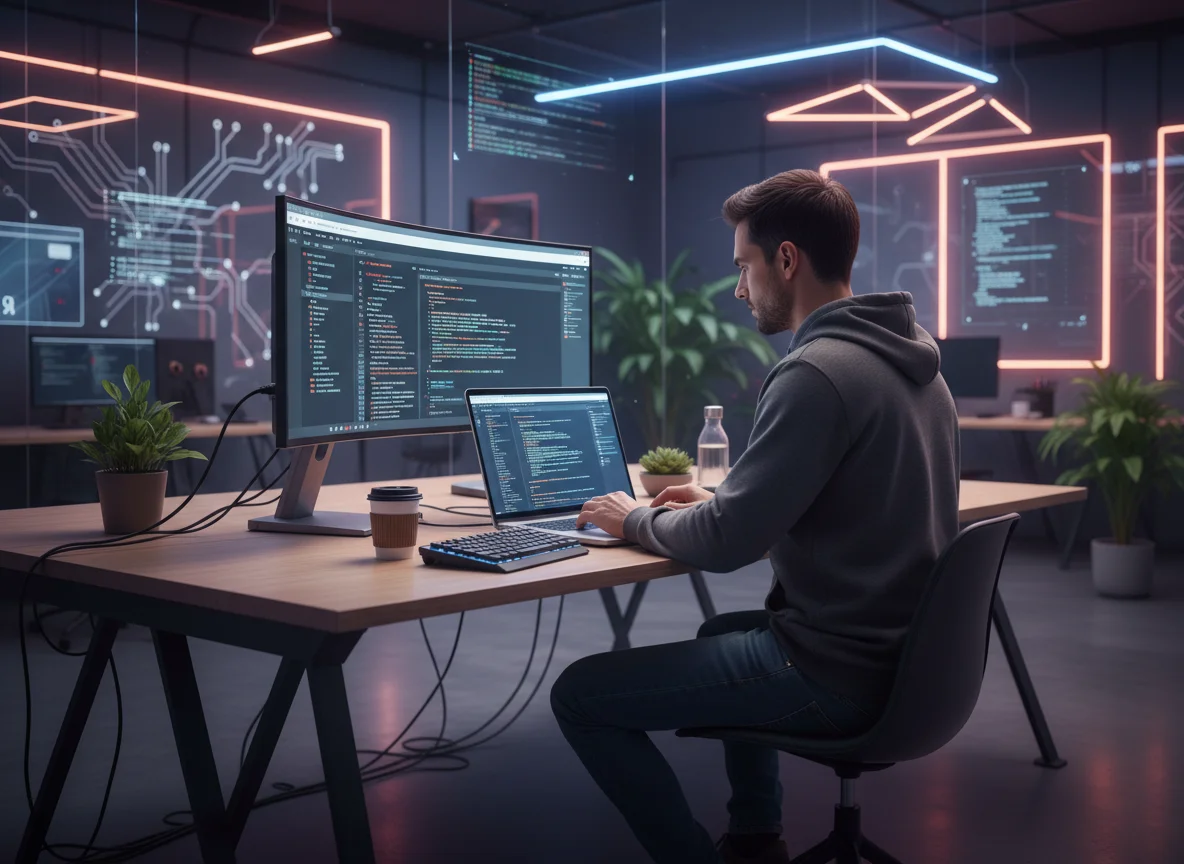 شخص يبرمج مواقع وتطبيقات باستخدام HTML و CSS و JavaScript، توضيح لمهارة البرمجة الرقمية.