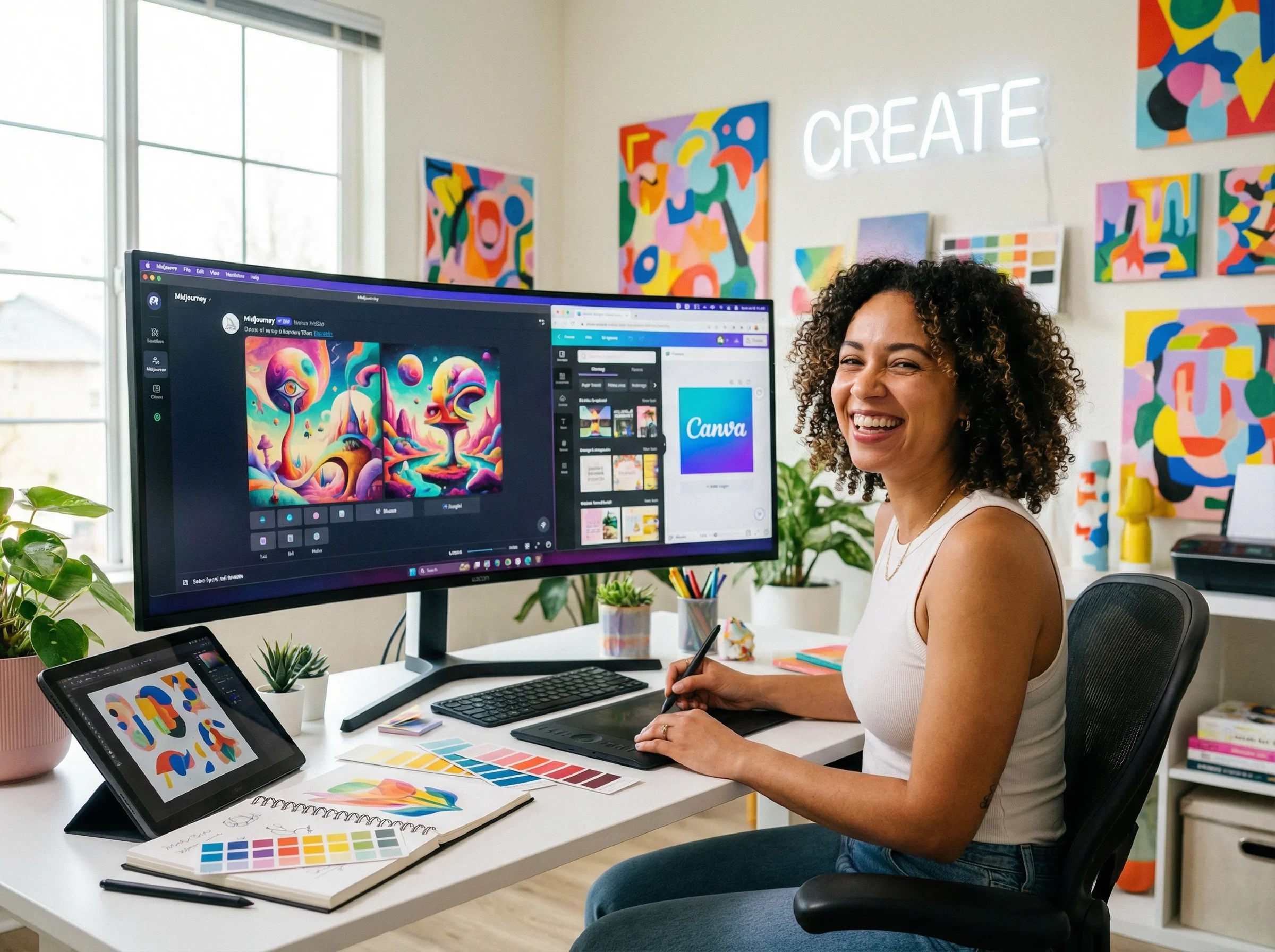 شخص يصمم جرافيك باستخدام أدوات الذكاء الاصطناعي مثل Canva و Midjourney، لتوضيح مهارة تصميم الجرافيك الرقمية.