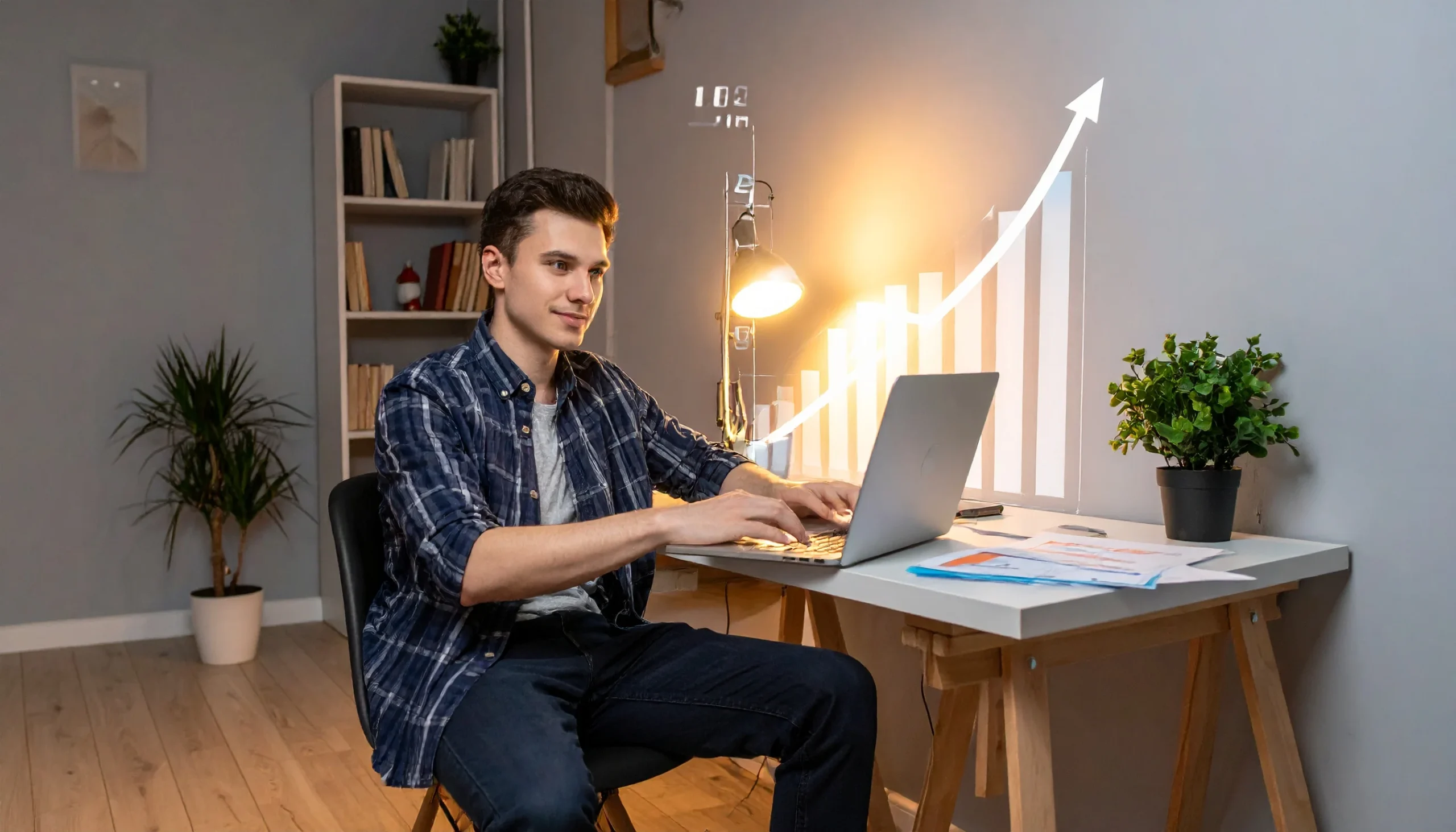 شخص يعمل بثقة على اللابتوب ويحقق تقدم في العمل أونلاين