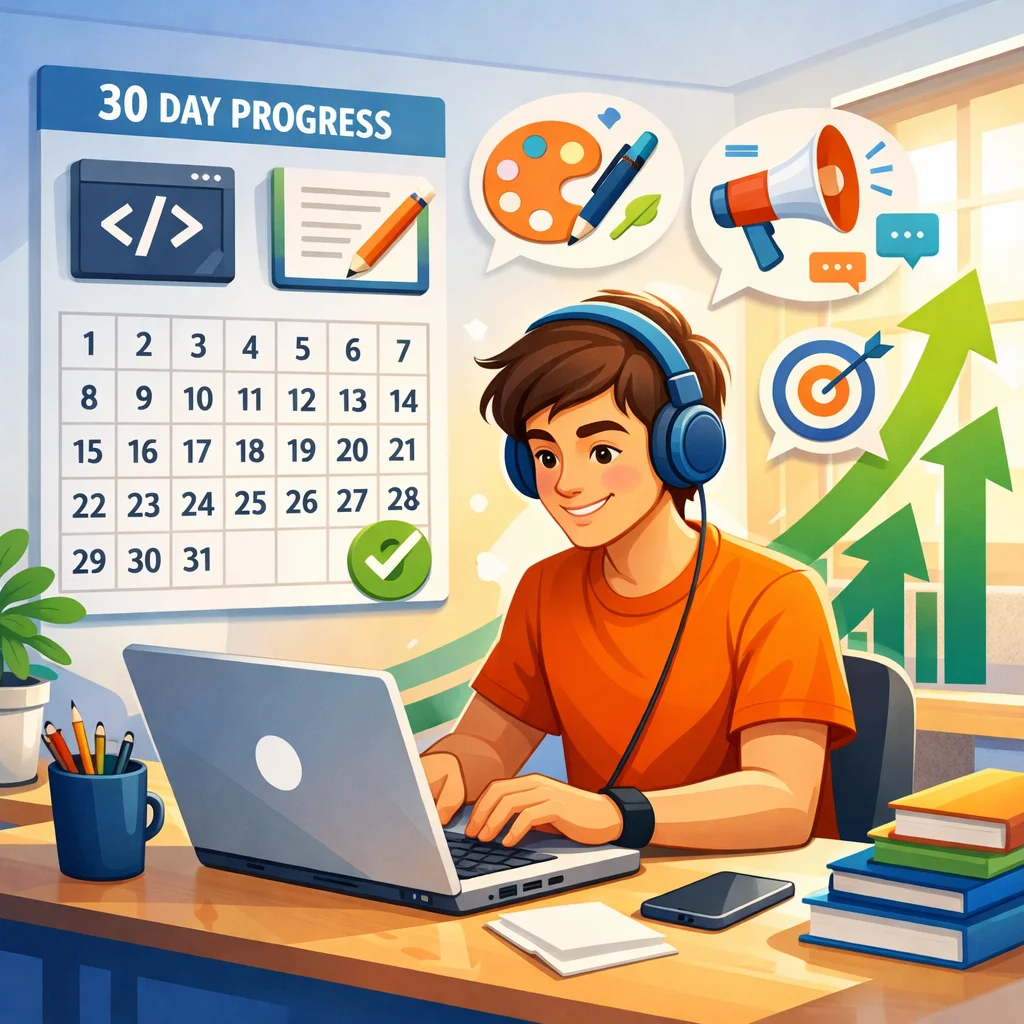 تعلم مهارة أونلاين في 30 يوم – خطة عملية للمبتدئين لتطوير المهارات الرقمية والعمل عبر الإنترنت