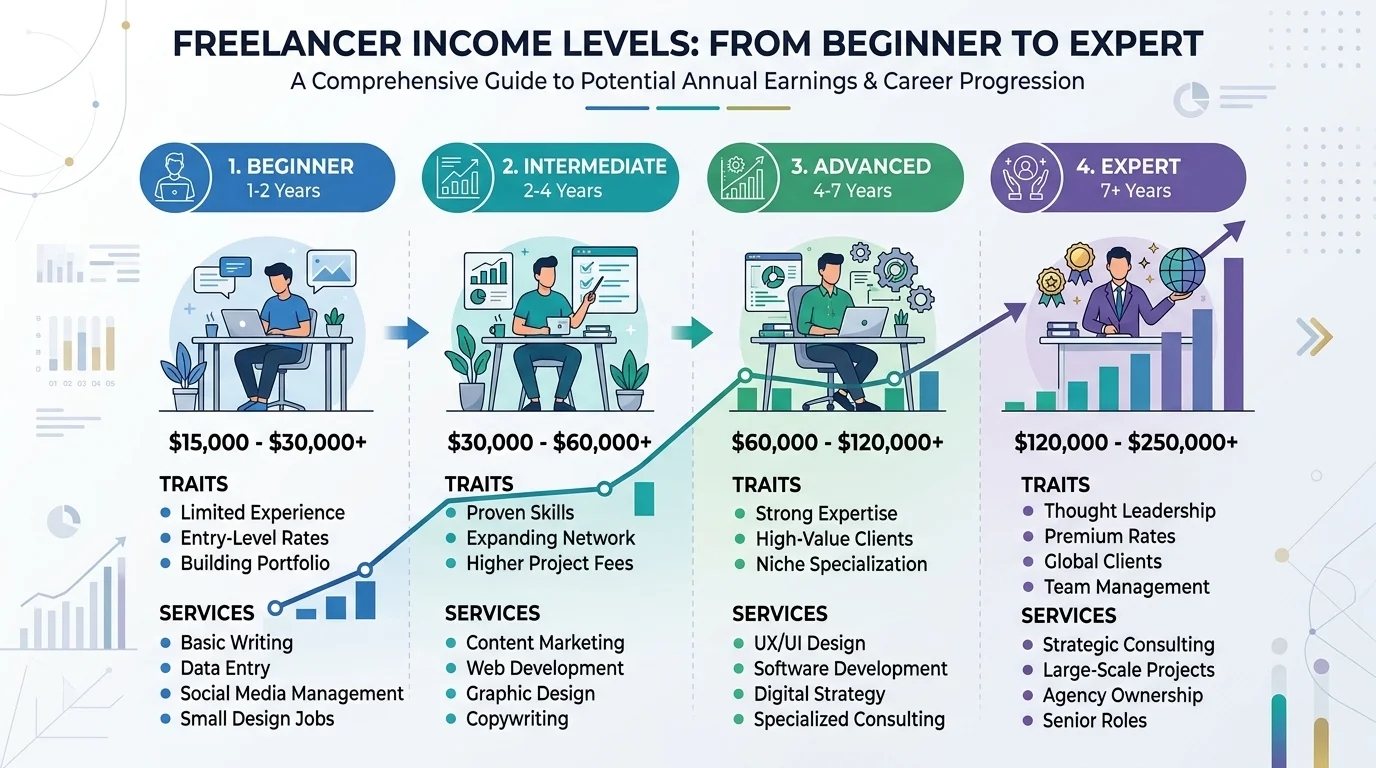 مستويات أرباح العمل الحر من مبتدئ إلى محترف بالدولار