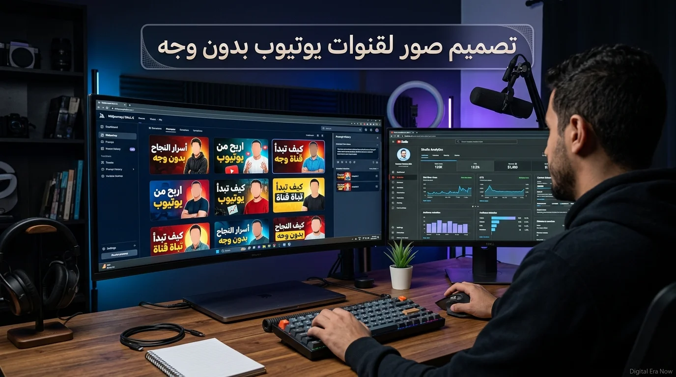 صانع محتوى يصمم صور مصغرة لقنوات يوتيوب بدون وجه باستخدام AI.